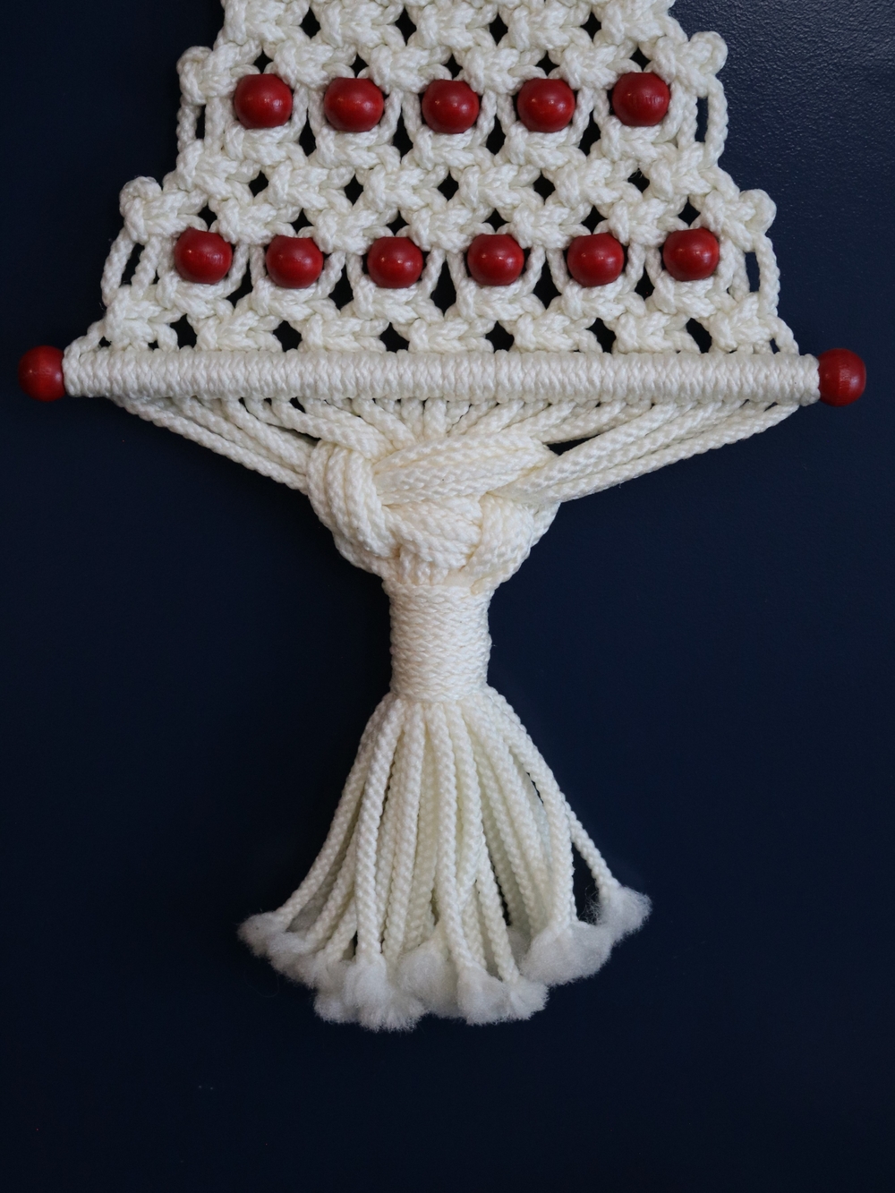 Vintage Cream Macramé Christmas Tree with Red Bead Accents - Picture 5 of 7